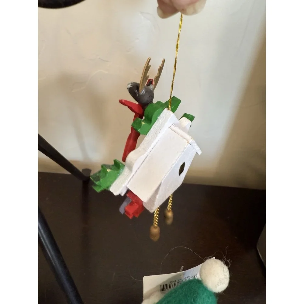 Lot of 5 Christmas Ornaments VTG Red Green Santa & Snowman Plush Music Box Clock